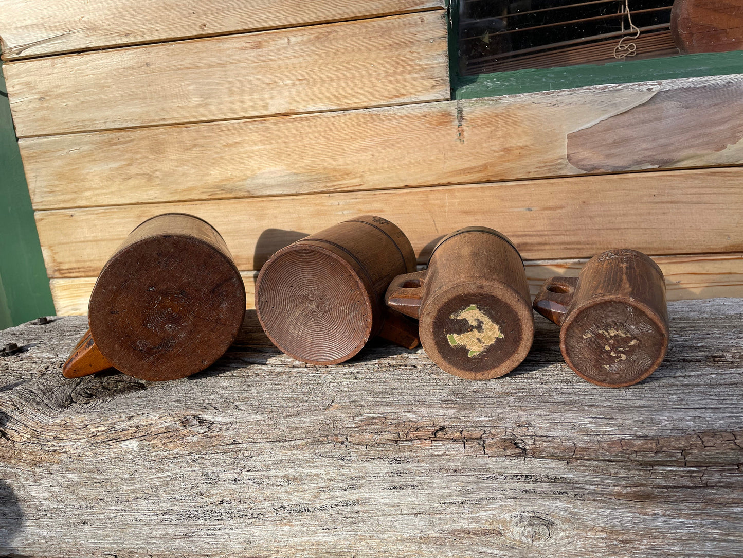 A Fine and Rare Collection of Antique Metal Bound and Treen Tankard/Measures With Various Official Impressed  Marks - Tallest 20.5