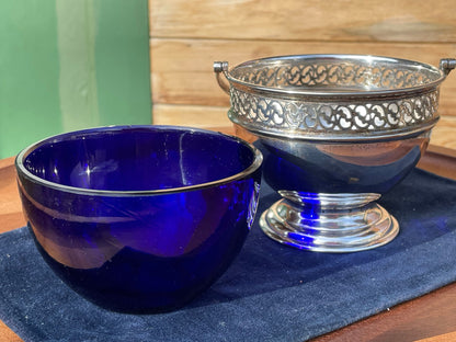 A Good Sized Silver Plated Pierced Border Sugar Bowl With Bristol Blue Liner 10cm Diameter