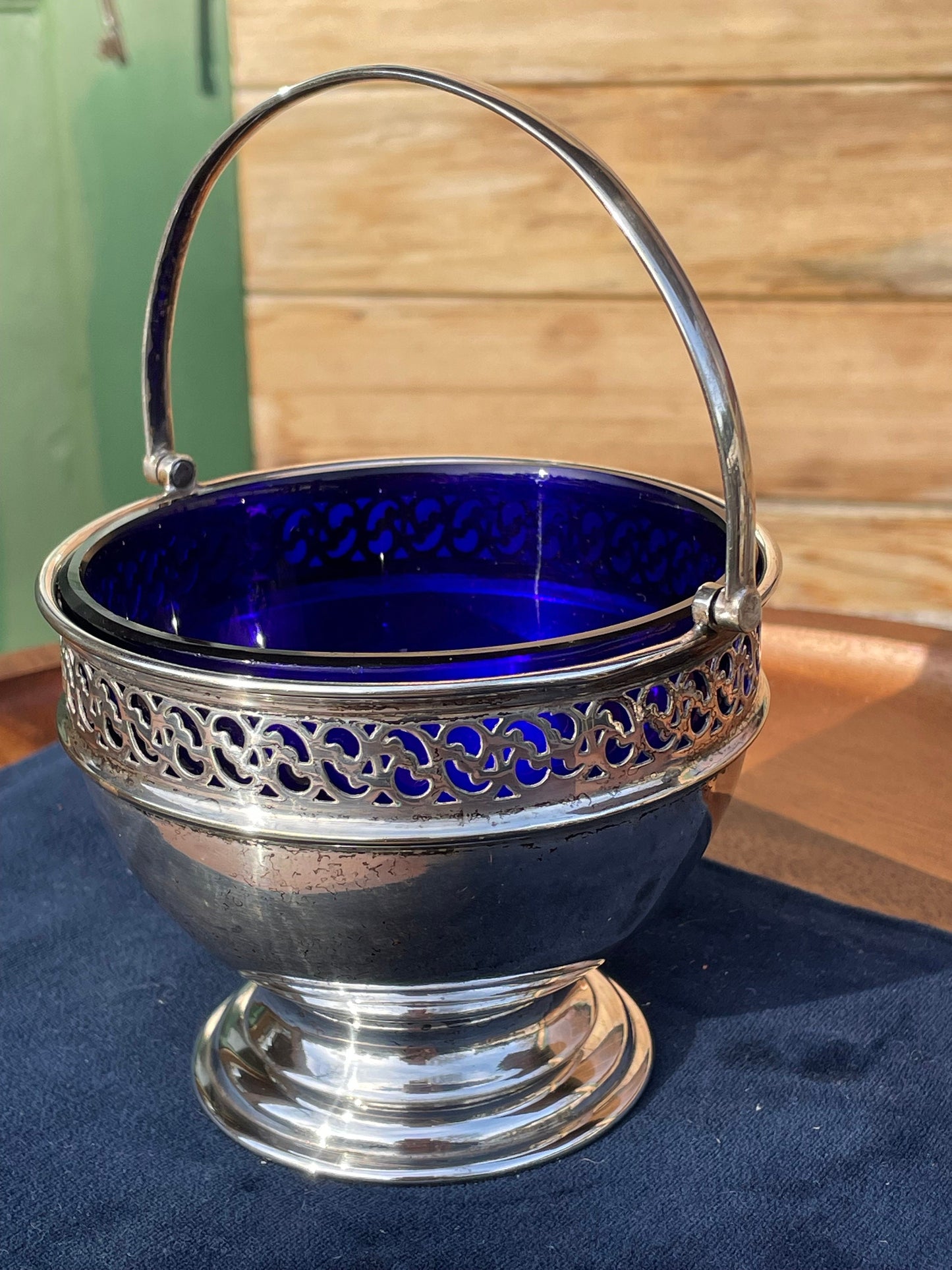 A Good Sized Silver Plated Pierced Border Sugar Bowl With Bristol Blue Liner 10cm Diameter