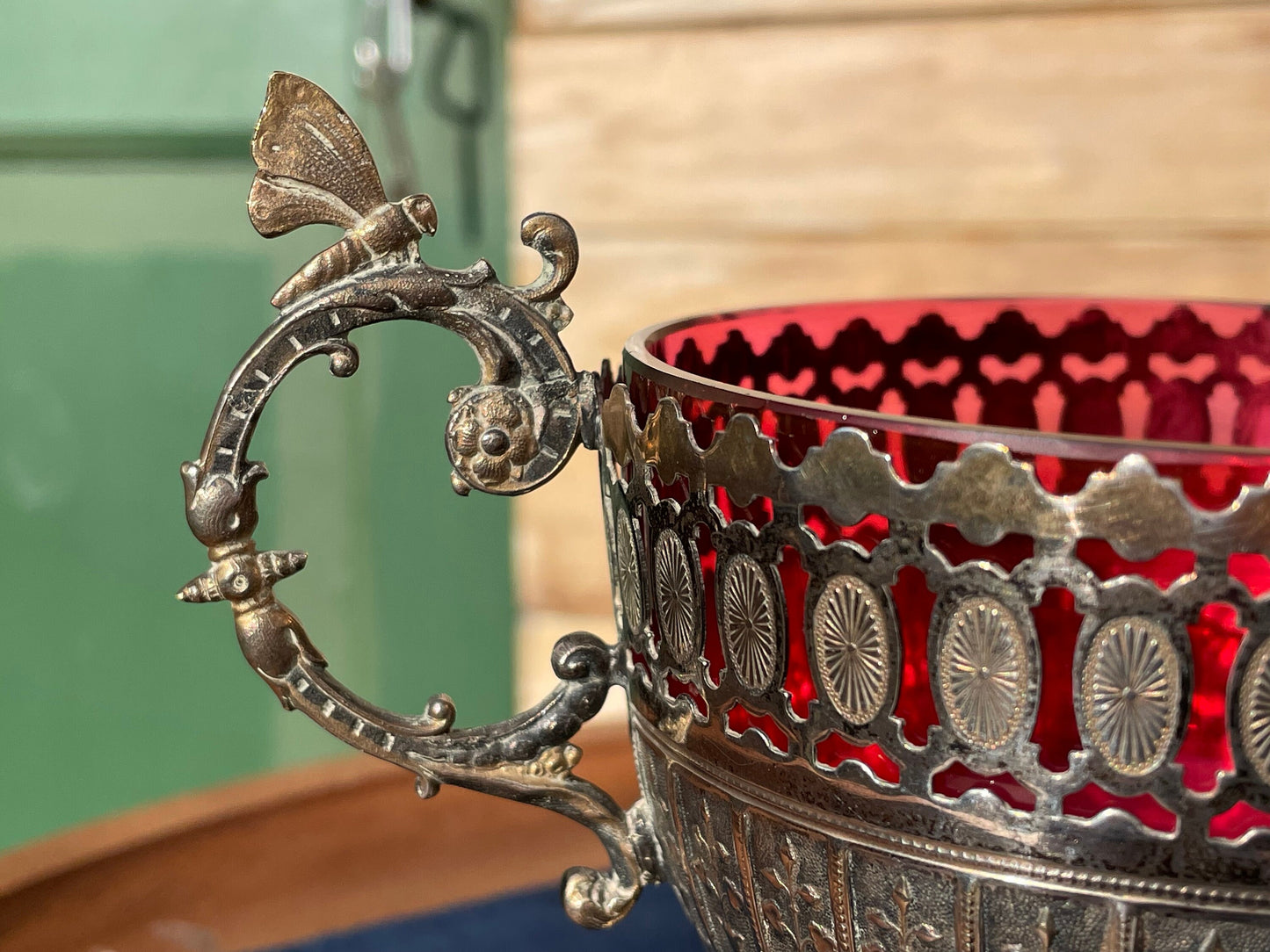 An Antique German Art Nouveau plated WMF Sugar Bowl With Cranberry Glass insert - 14cm tall