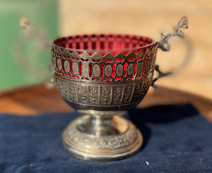 An Antique German Art Nouveau plated WMF Sugar Bowl With Cranberry Glass insert - 14cm tall