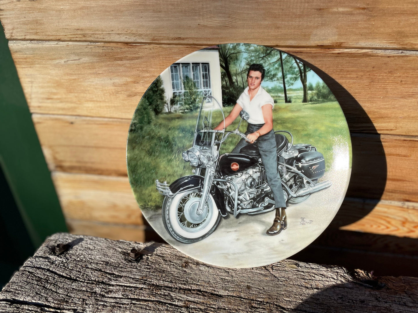 A Limited Edition Ceramic Elvis Presley Collectors Plate - Elvis on His Harley" by Bruce Emmett- 22cm Diameter - 1990