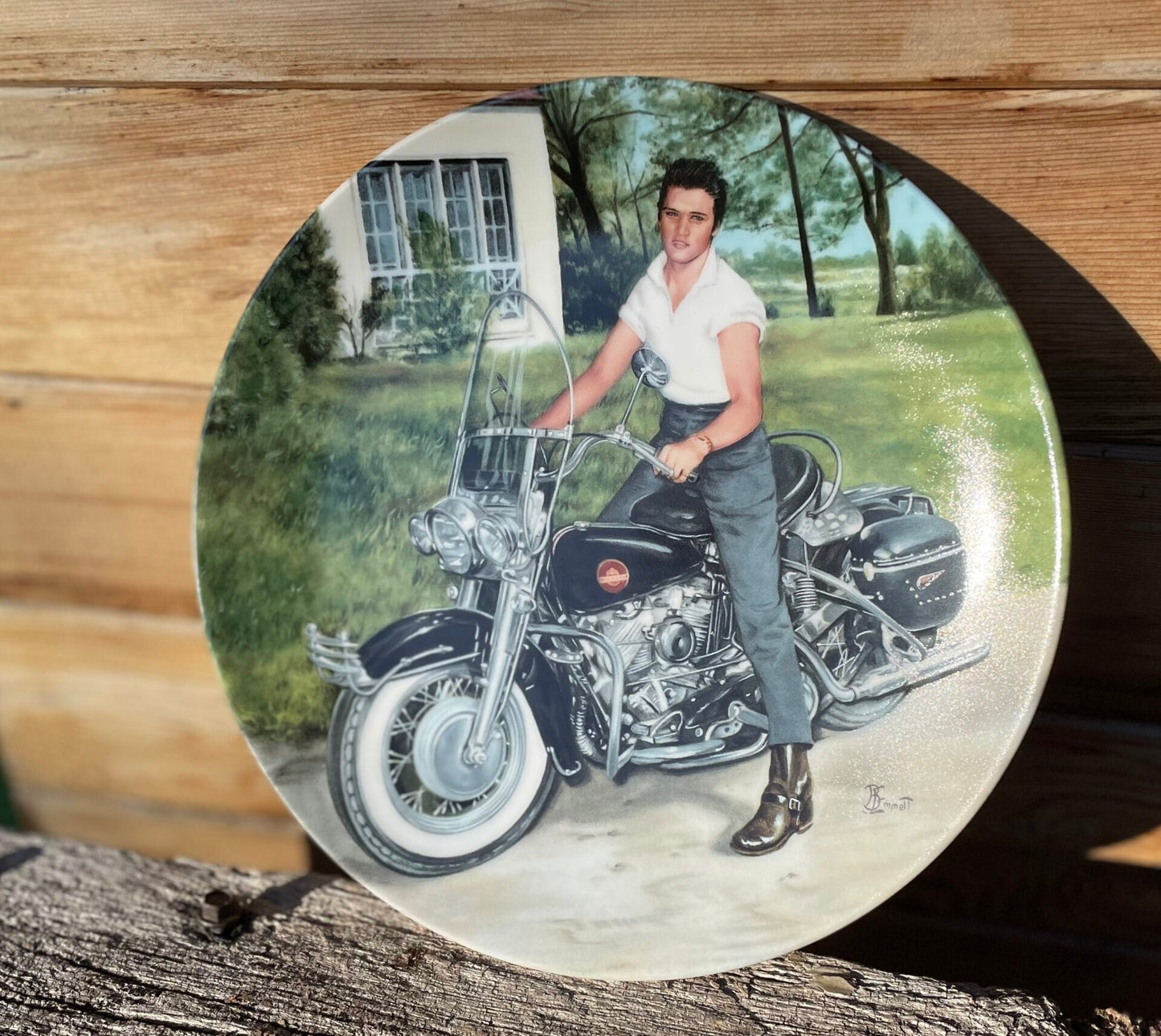 A Limited Edition Ceramic Elvis Presley Collectors Plate - Elvis on His Harley" by Bruce Emmett- 22cm Diameter - 1990