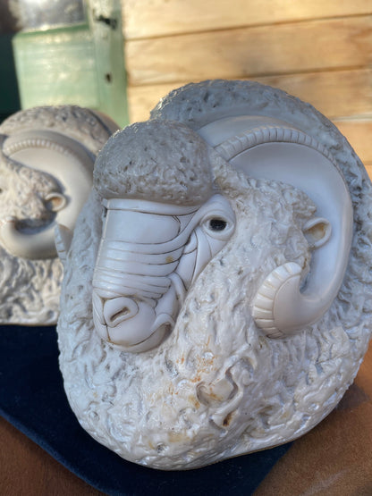 A Pair of Crushed Marble Signed Figural Ram Heads Book Ends by John Biccard Called Romulus and Rebus - 13.5cm Tall - pair 4.8kg