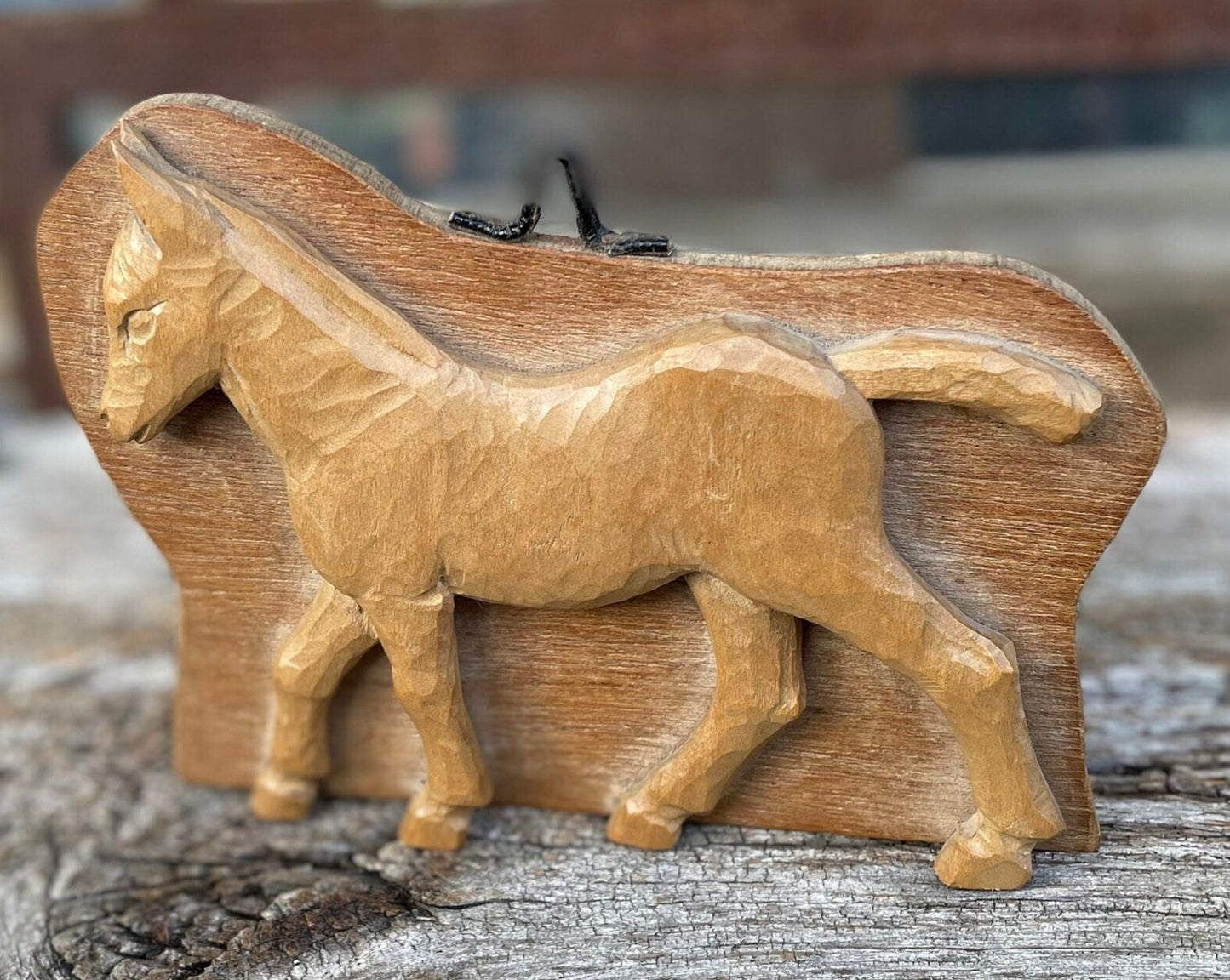 A Exquisite Piece of Folk Art in the Form of a Mounted Hand Carved Horse/foal 15cm Wide