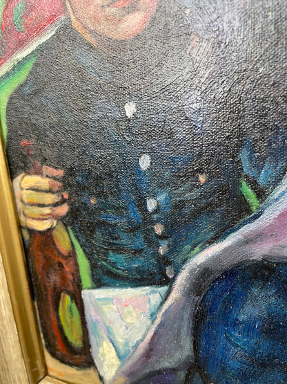 A Signed Post-War British Oil on Board Portrait of a Uniformed Man in an Interior, Mounted and Framed, 41x33cm Frame