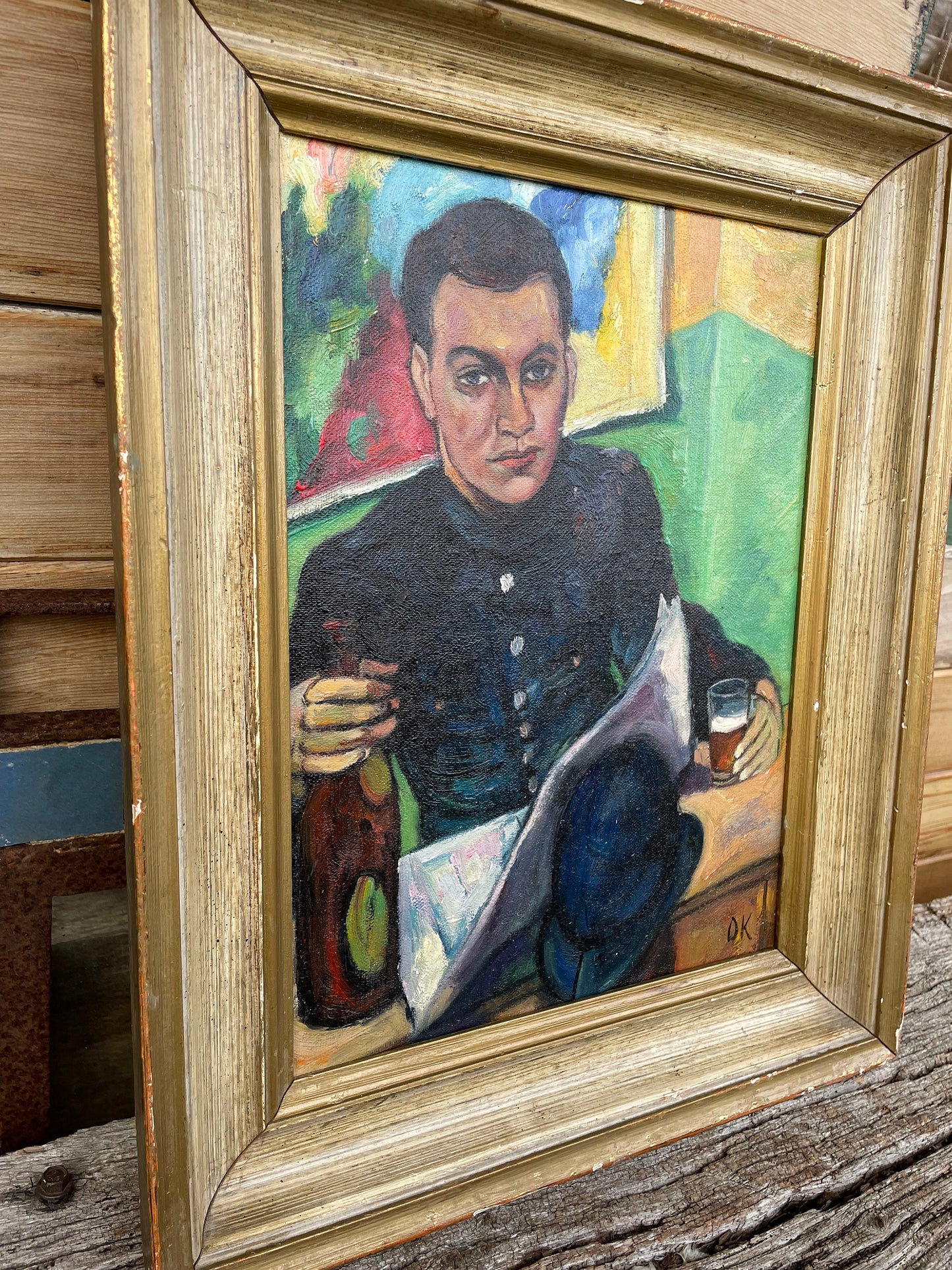 A Signed Post-War British Oil on Board Portrait of a Uniformed Man in an Interior, Mounted and Framed, 41x33cm Frame