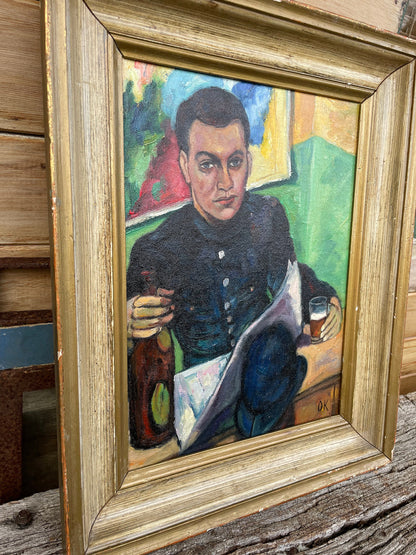 A Signed Post-War British Oil on Board Portrait of a Uniformed Man in an Interior, Mounted and Framed, 41x33cm Frame