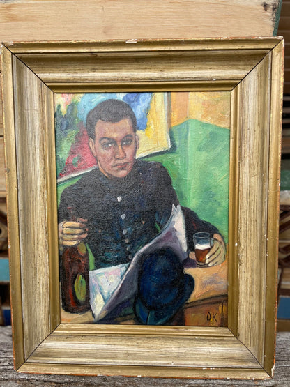 A Signed Post-War British Oil on Board Portrait of a Uniformed Man in an Interior, Mounted and Framed, 41x33cm Frame