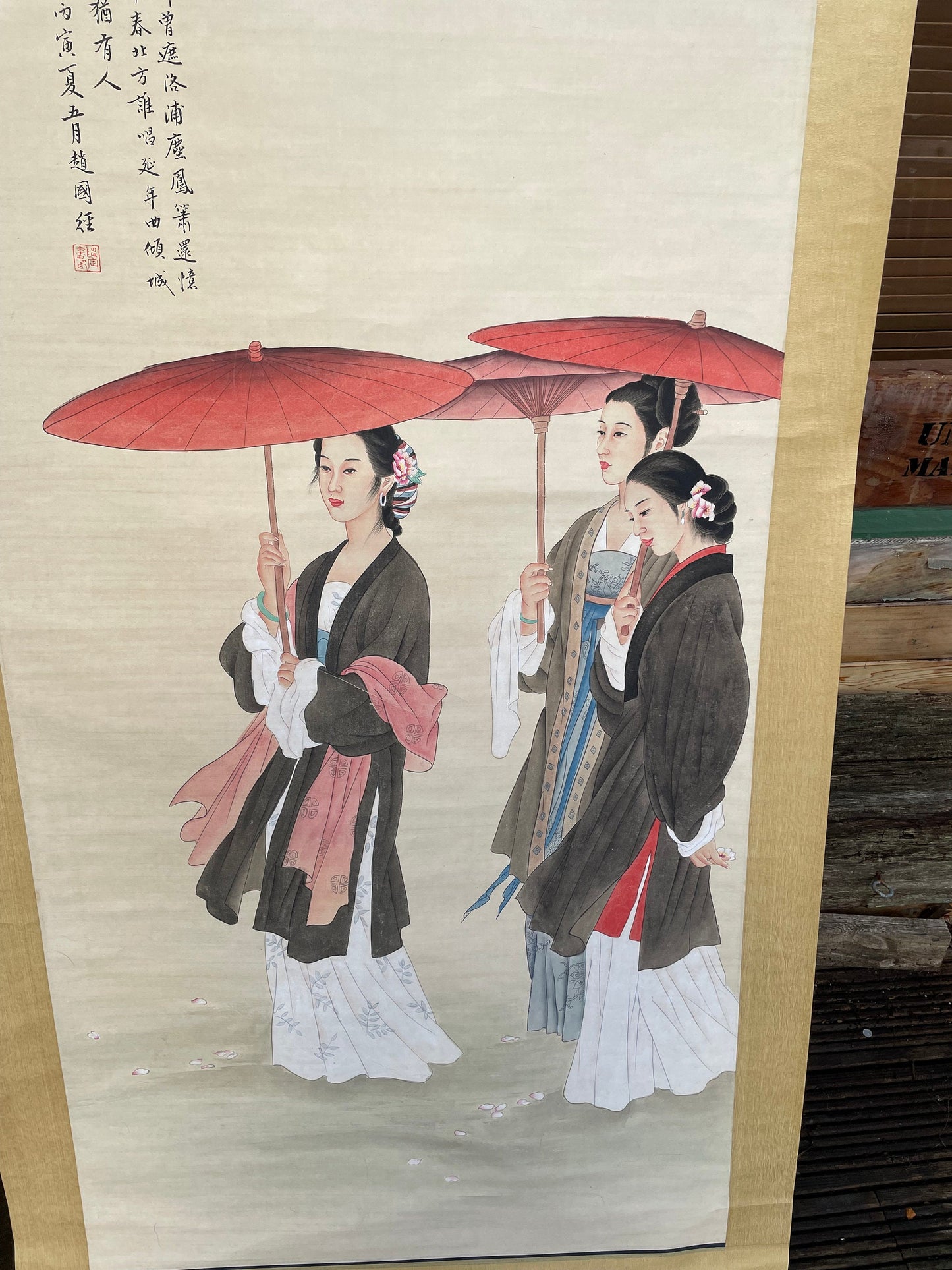 A large Chinese hardwood scroll In the manner of Wang Meifang and Zhao Guojing - hand painted watercolour called Beauty Walking  78cm wide