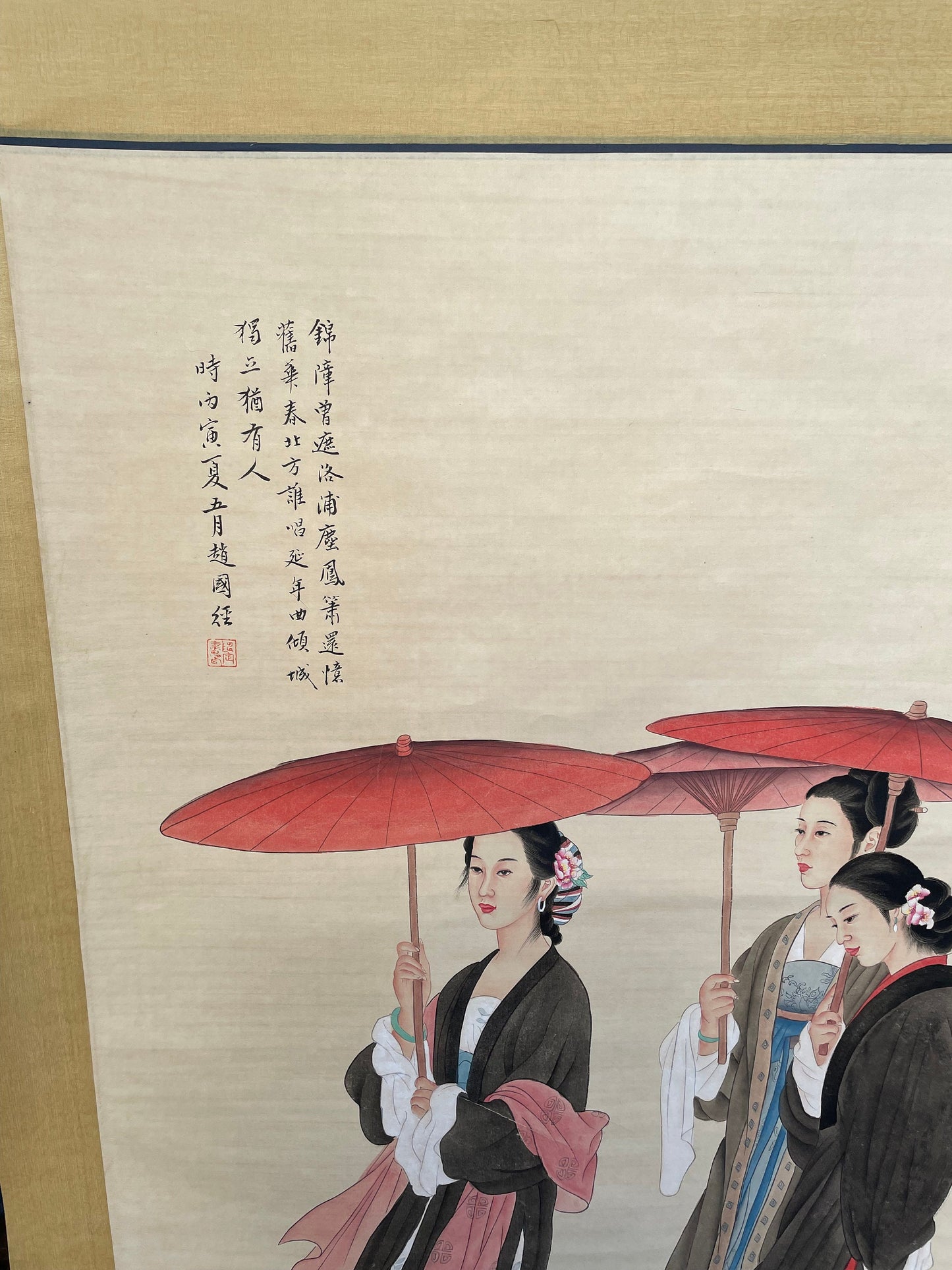 A large Chinese hardwood scroll In the manner of Wang Meifang and Zhao Guojing - hand painted watercolour called Beauty Walking  78cm wide