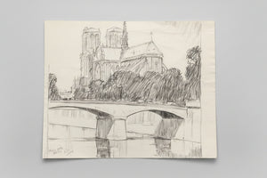 An initialled pencil on paper sketch of Notre Dame Paris 25x20cm