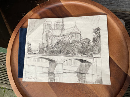 An initialled pencil on paper sketch of Notre Dame Paris 25x20cm