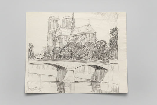An initialled pencil on paper sketch of Notre Dame Paris 25x20cm