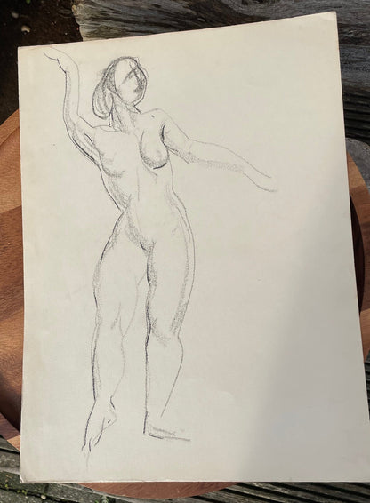 An original unsigned rapid sketch of a muscular female nude 28x38cm