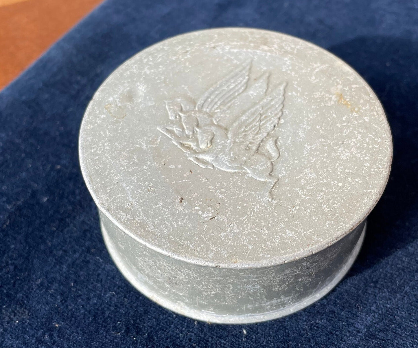 A vintage aluminium Pegasus Airlines lidded container memorabilia 6.5cm diameter