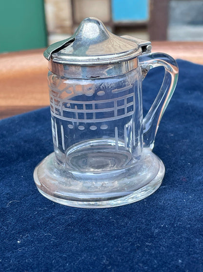 An Antique Hallmarked Silver and Glass Mustard Pot With Etched Glass - Birmingham 1911 by James Deakin & Sons - 6cm Tall