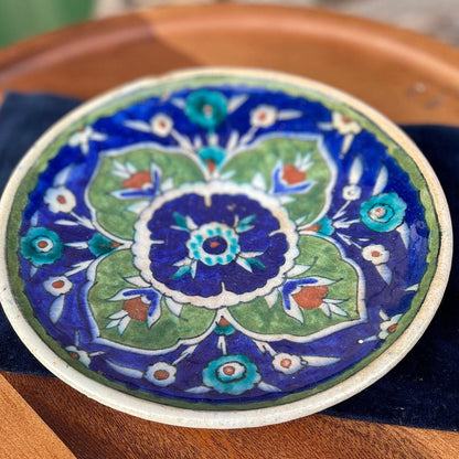 A Palestine Stamped Iznik Style Pottery Floral Dish With Unglazed Foot - c1920's 18.5cm Diameter