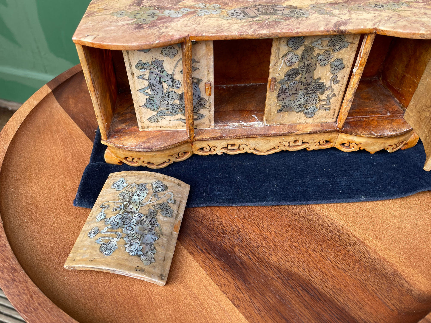 A Miniature Chinese Carved Soapstone Cabinet With Inlaid Mother of Pearl scenery  25cm Wide