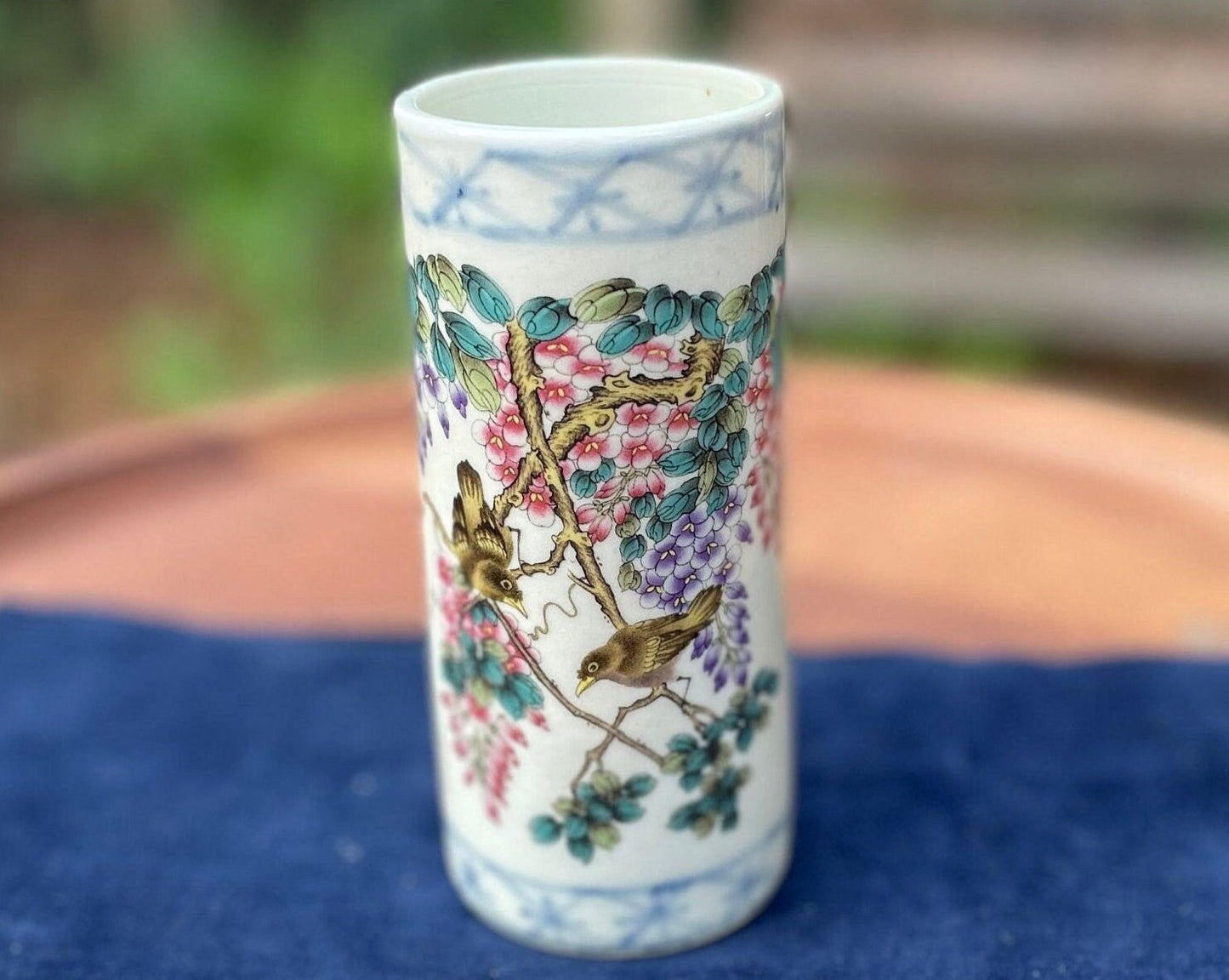 A Chinese Porcelain Cylinder Vase, Transfer Printed Birds and Blossom and Text, Clear Mark to Base 12cm Tall