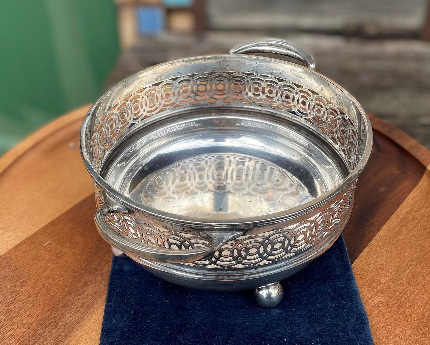 A Large Pierced Silver Plate Handled Bowl 18cm Diameter Bowl late 1700's possibly