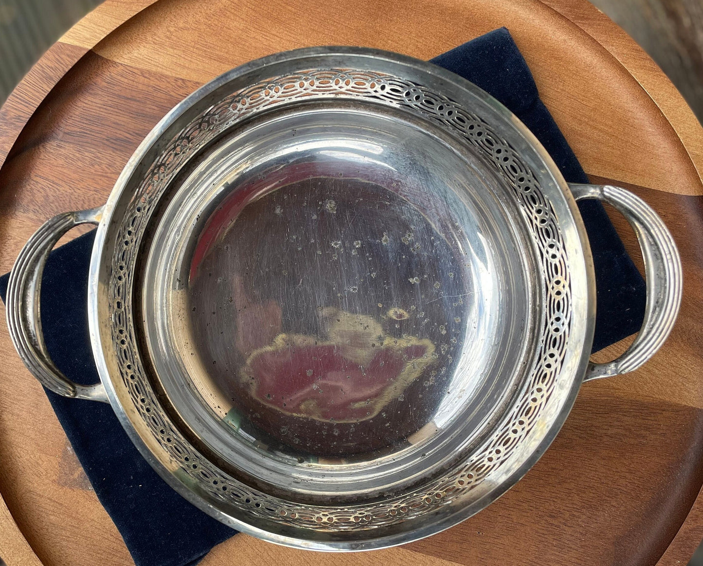 A Large Pierced Silver Plate Handled Bowl 18cm Diameter Bowl late 1700's possibly