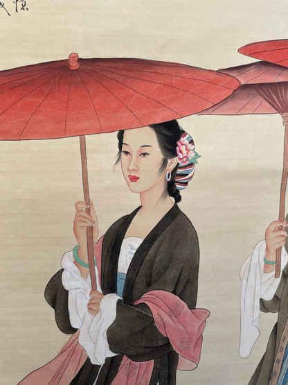 A large Chinese hardwood scroll In the manner of Wang Meifang and Zhao Guojing - hand painted watercolour called Beauty Walking  78cm wide