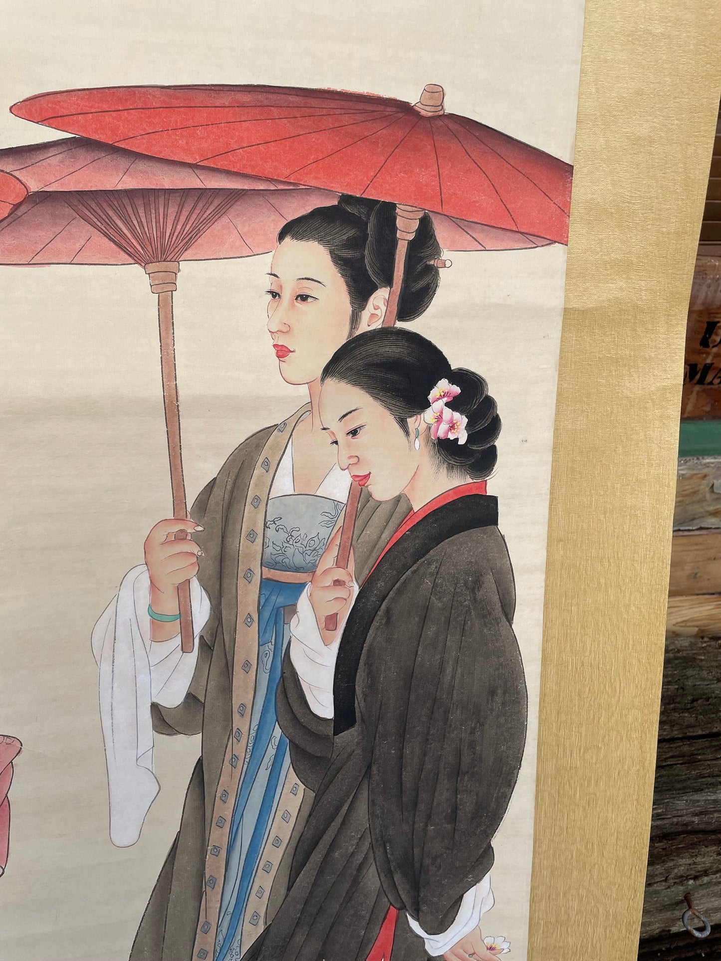 A large Chinese hardwood scroll In the manner of Wang Meifang and Zhao Guojing - hand painted watercolour called Beauty Walking  78cm wide