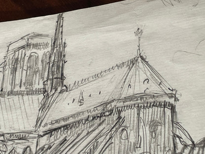 An initialled pencil on paper sketch of Notre Dame Paris 25x20cm