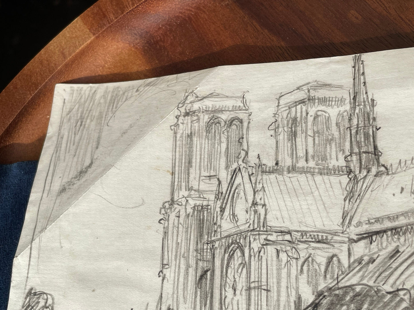 An initialled pencil on paper sketch of Notre Dame Paris 25x20cm