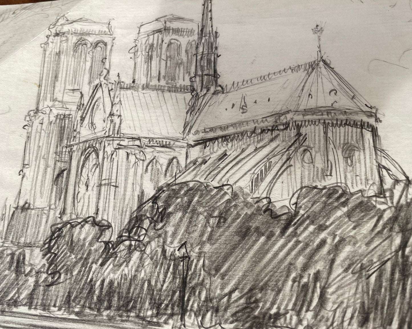 An initialled pencil on paper sketch of Notre Dame Paris 25x20cm