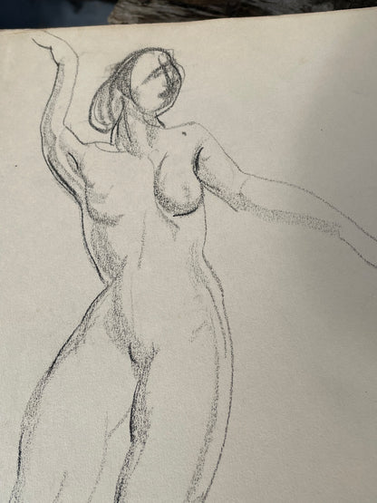 An original unsigned rapid sketch of a muscular female nude 28x38cm