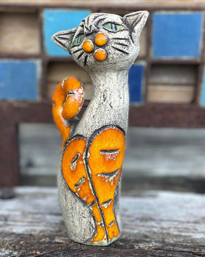 A vintage mid century Italian studio pottery lava cat figurine 18cm tall c 1970s
