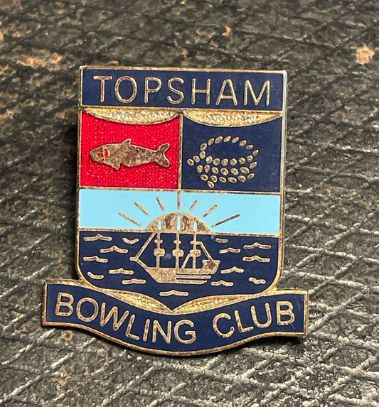 A vintage  brass and enamel Topsham Bowling Club pin badge