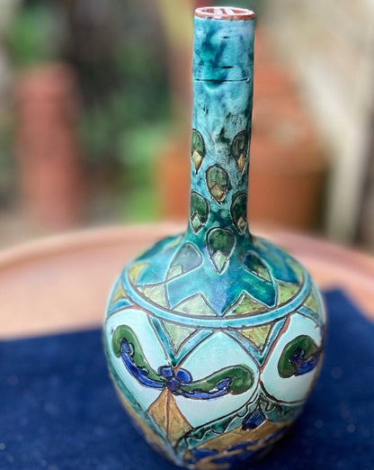 An antique pottery vase with Giovanni Carlo Valentino Manzoni mark to base  1897