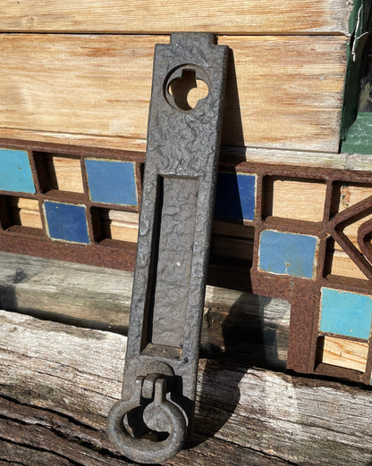 A heavy cast metal antique letter box and knocker combined fascia 31cm tall