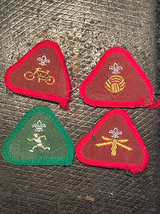 Four triangular vintage cloth cub scout badges for running , cycling, football etc 1970's