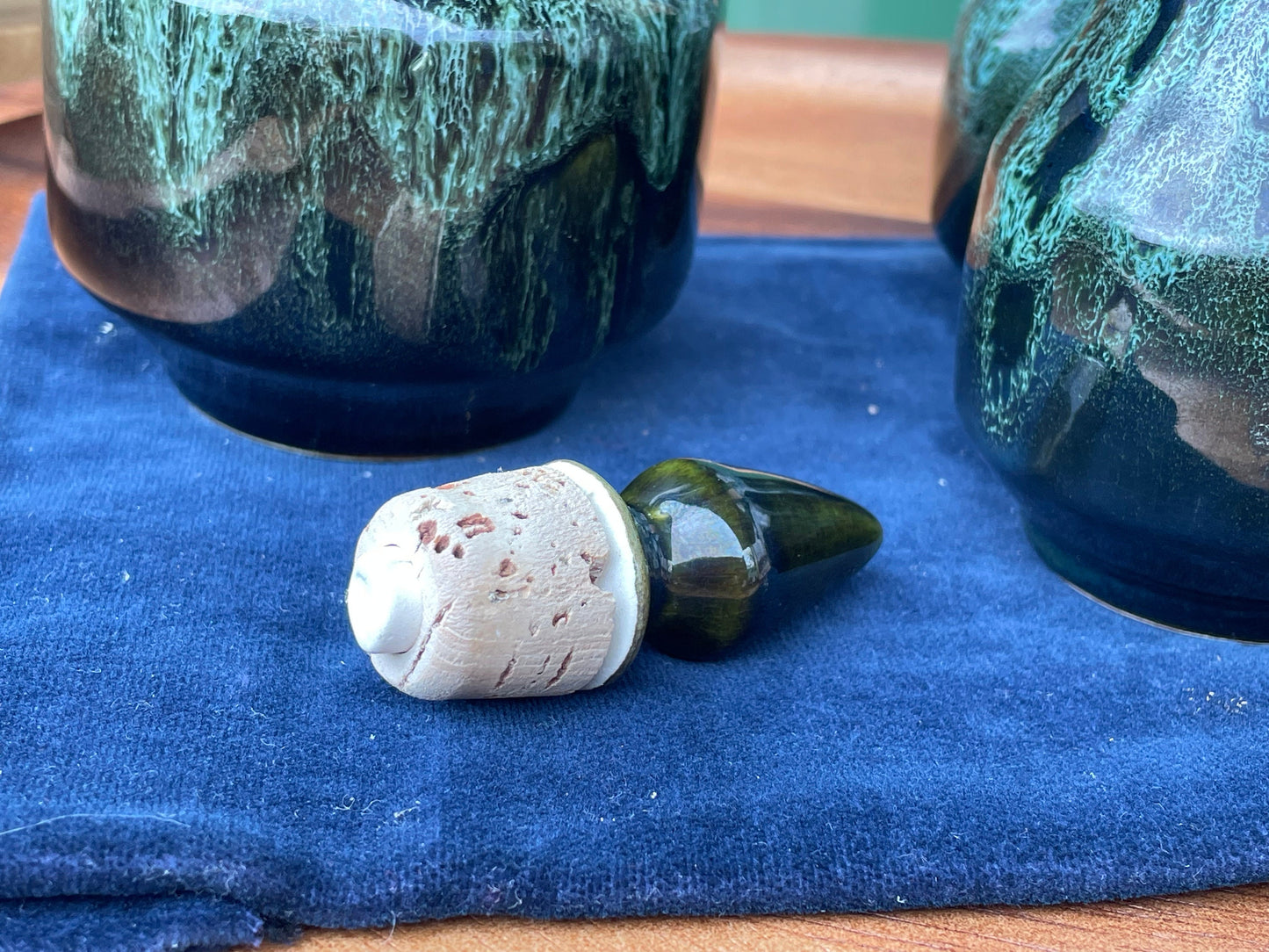 A Cornish  West Country English green honeycomb salt and pepper pot, vinegar pour and Jug set by Fosters Pottery