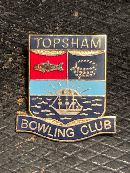 A vintage  brass and enamel Topsham Bowling Club pin badge