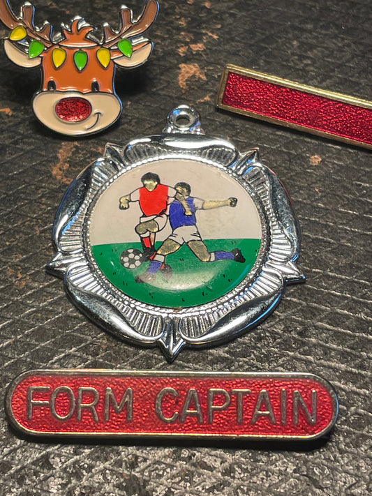 Four vintage school badges - football, form captain, Rudolph, plain red badge