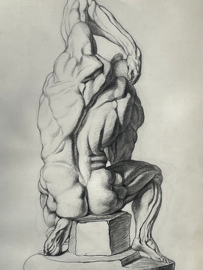 An original pencil on paper human musculature framed print, after Andreas Vesalius plate size 46 x 29cm