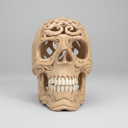 Vintage Folk Art Skull Sculpture – Hand Carved Tamarind Wood with Buffalo Jaw Teeth 17cm