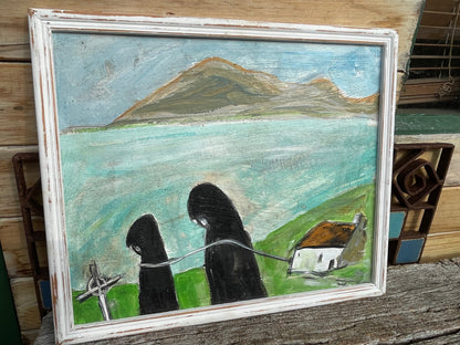 A contemporary original acrylic on board Folk Art painting, Irish School, monks on the foreshore, Co Mayo, unsigned and framed 29cm x 36cm