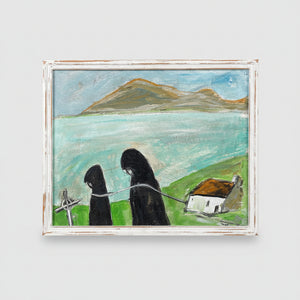 A contemporary original acrylic on board Folk Art painting, Irish School, monks on the foreshore, Co Mayo, unsigned and framed 29cm x 36cm