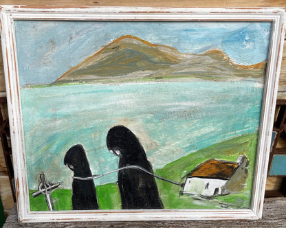 A contemporary original acrylic on board Folk Art painting, Irish School, monks on the foreshore, Co Mayo, unsigned and framed 29cm x 36cm