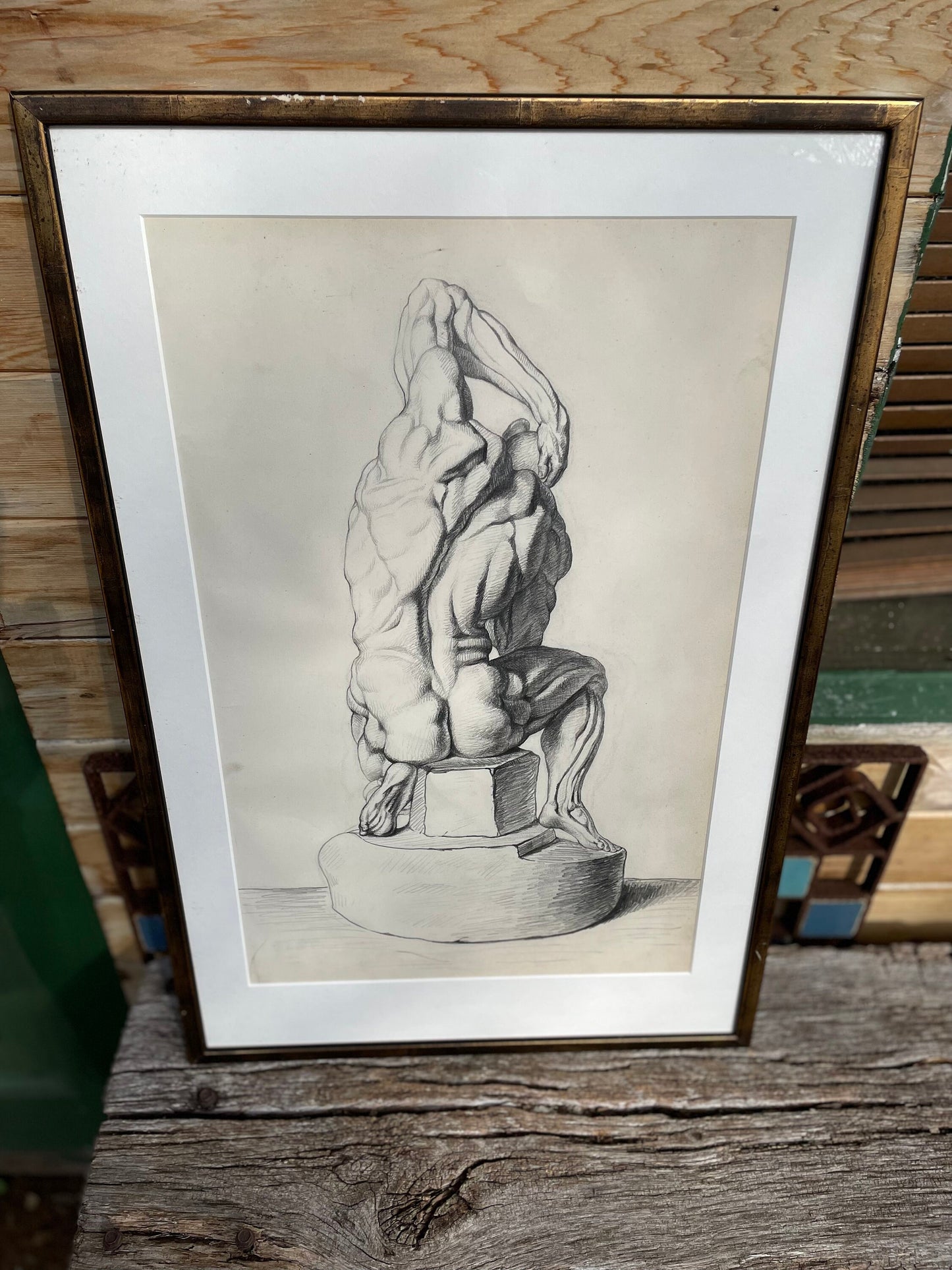 An original pencil on paper human musculature framed print, after Andreas Vesalius plate size 46 x 29cm