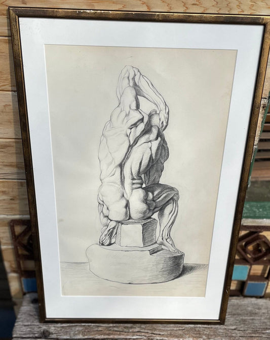 An original pencil on paper human musculature framed print, after Andreas Vesalius plate size 46 x 29cm