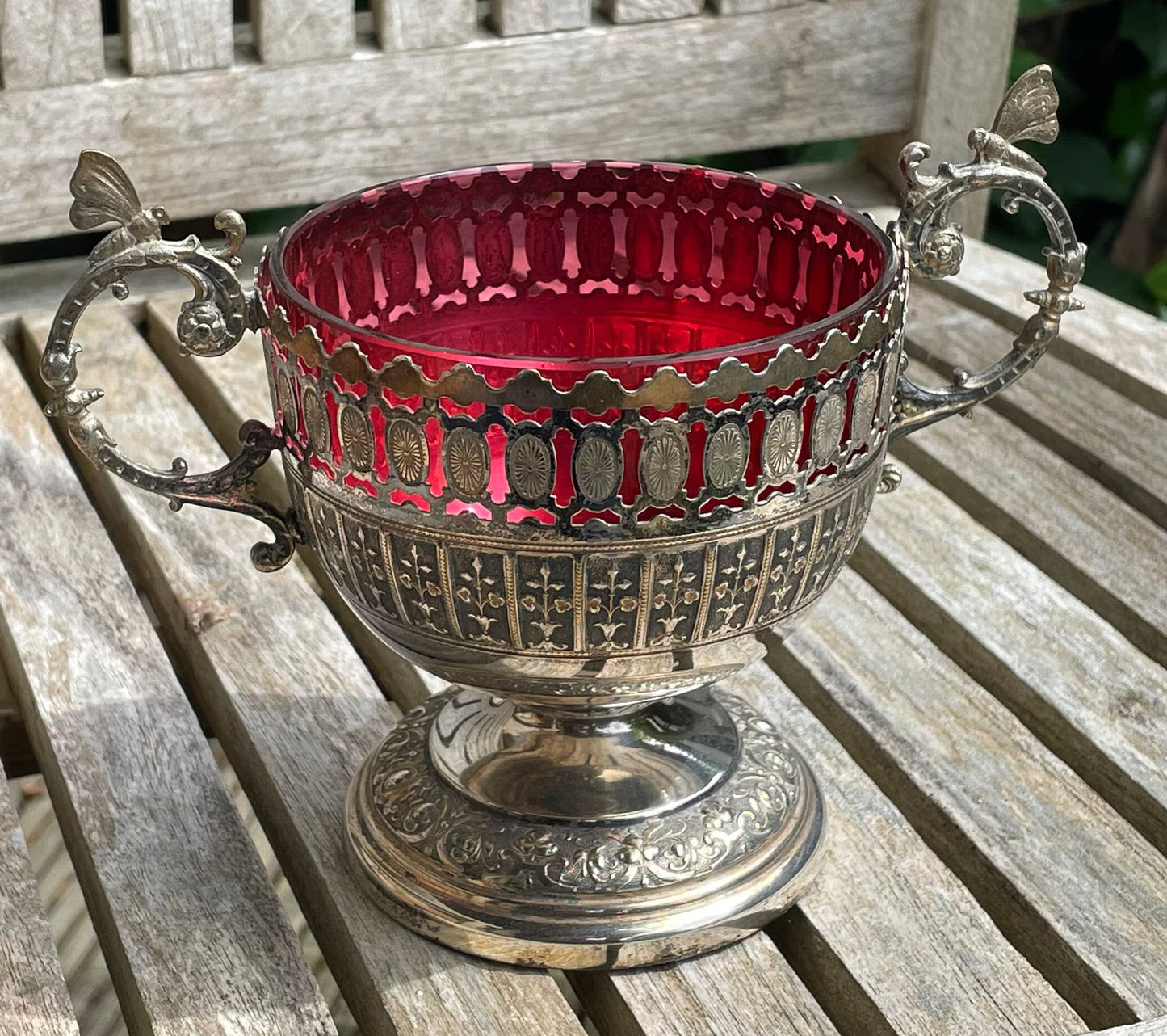 An Antique German Art Nouveau plated WMF Sugar Bowl With Cranberry Glass insert - 14cm tall
