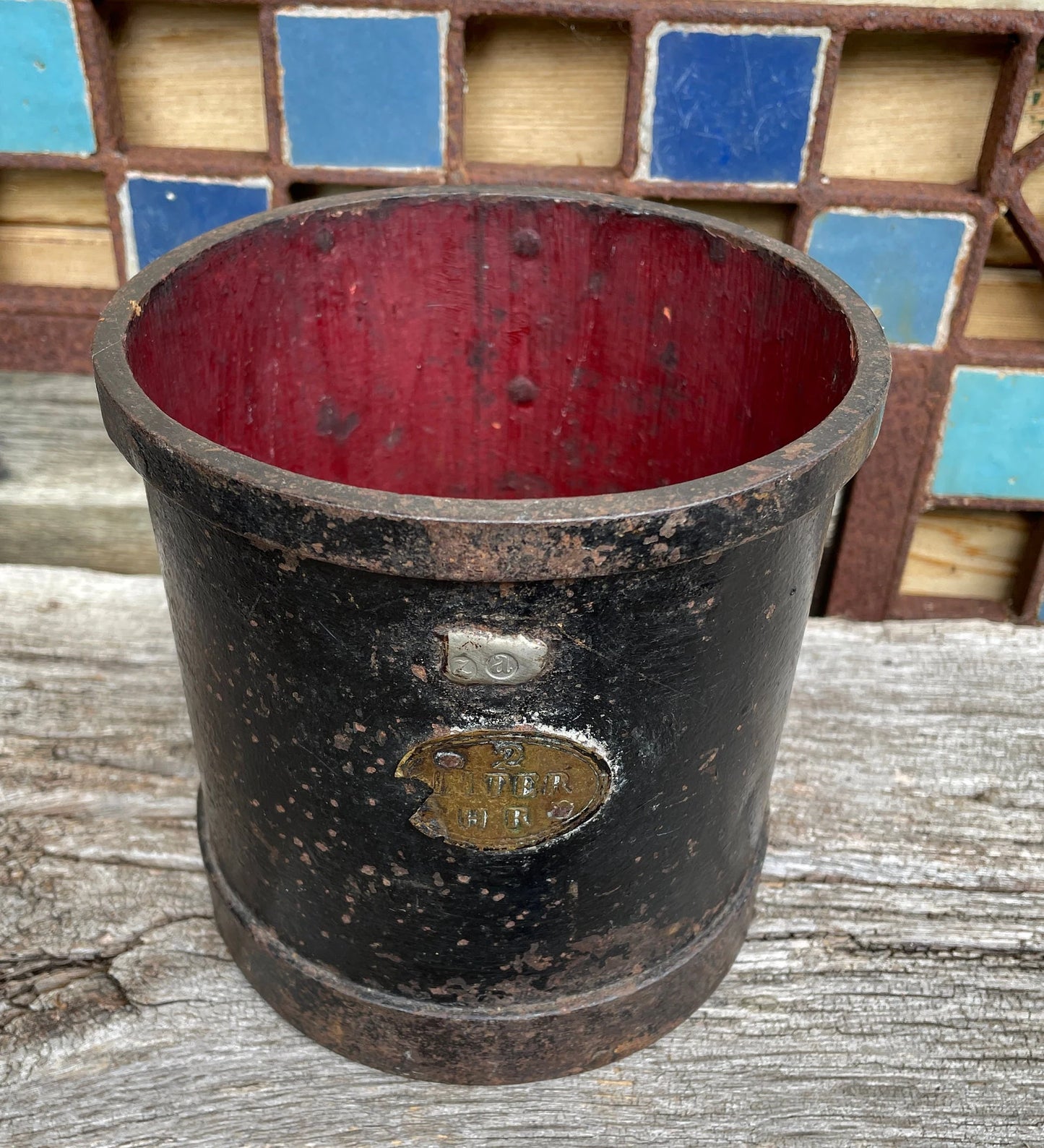 An Antique Iron Bound Two Litre Exchequer Measure, 15cm high x 15cm in diameter