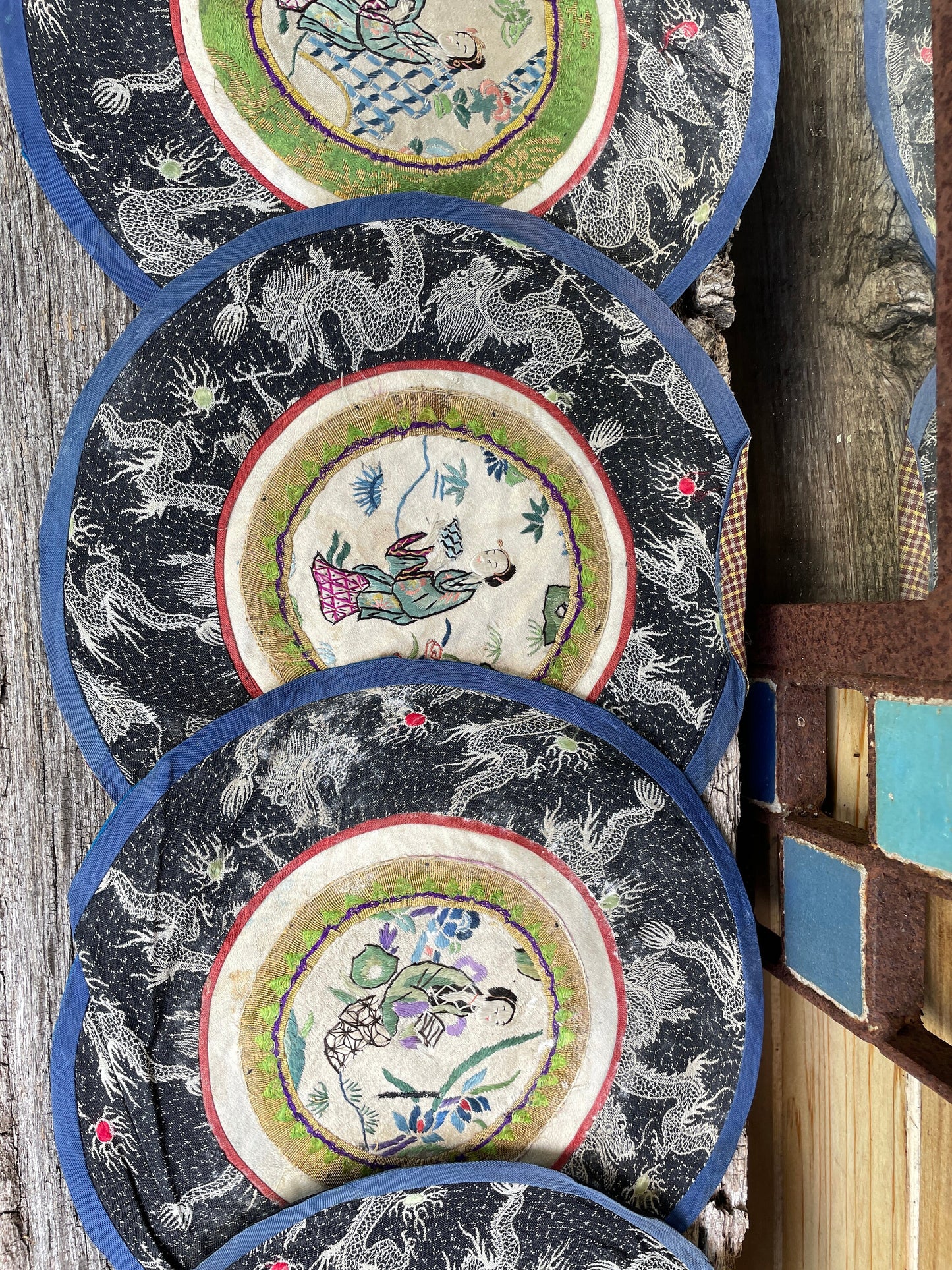 Five Vintage Chinese hand Embroidered Satin Silk Round Mats 21cm diameter